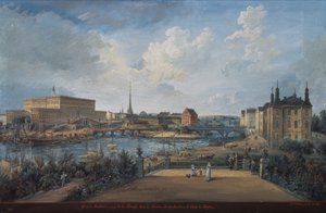 Utsikt over Stockholm fra Fersen-terrassen med Palace Makalos (gouache på lerret)